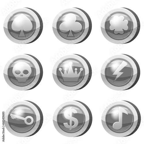 Set of Silver Coins for game apps. Grey icons, heart, crown, symbols game UI, gaming gambling. Vector illustration