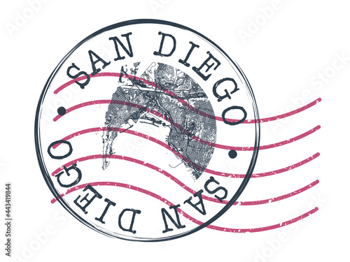 San Diego, CA, USA Stamp Map Postal. Silhouette Seal Roads and Streets. Passport Round Design. Vector Icon. Design Retro Travel National Symbol.