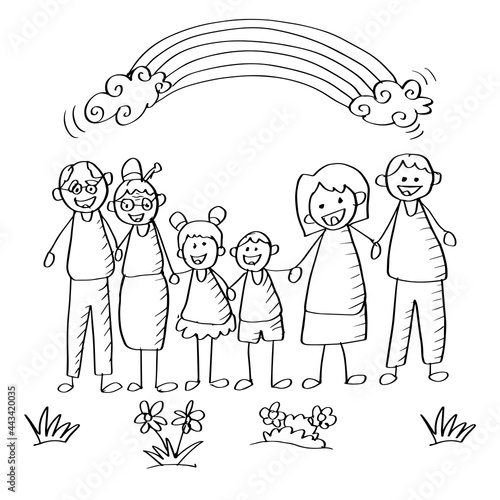 Cartoon happy family with two children, grandparents and rainbow