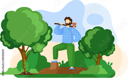 Lumberjack man with axe in forest, gardener worker in yard. Bearded male character woodcutter works to cutting down trees for timber and logs. Tall green trees in garden and stump, gardening