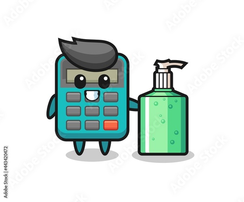 cute calculator cartoon with hand sanitizer