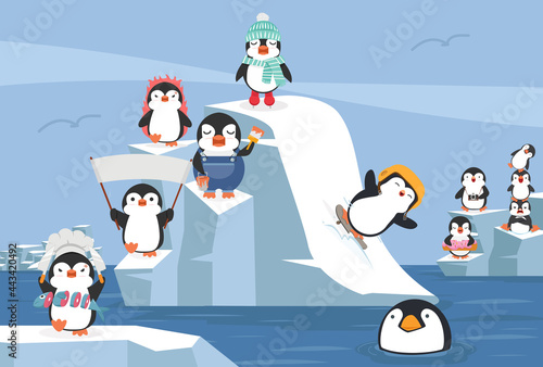 Set of cartoon Penguins winter north pole arctic