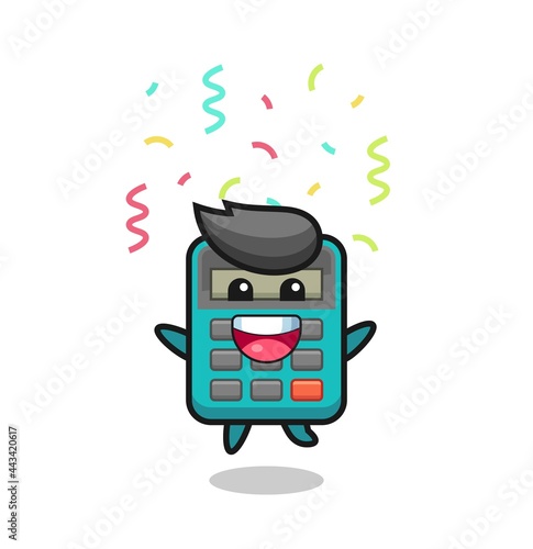 happy calculator mascot jumping for congratulation with colour confetti