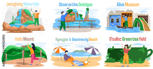 Set of tourist attractions at Jeju island in South Korea, Hallasan mountaine Oedolgae alive museum Jeongbang waterfall Osulloc green tea museum Hyeopjae Geumneung beach famous landmark of Jeju Island