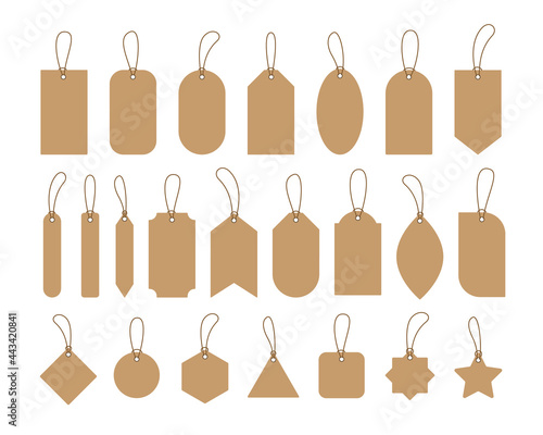 Set blank craft paper price tags and labels with strings.