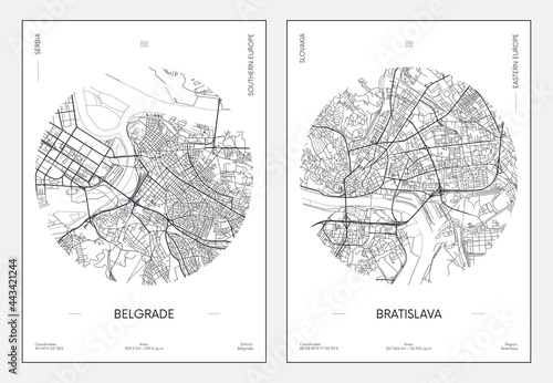 Canvas Print Travel poster, urban street plan city map Belgrade and Bratislava, vector illust