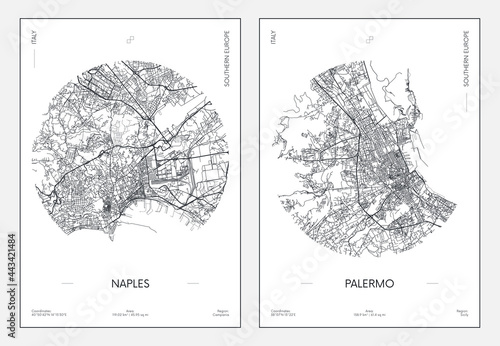 Travel poster, urban street plan city map Naples and Palermo, vector illustration