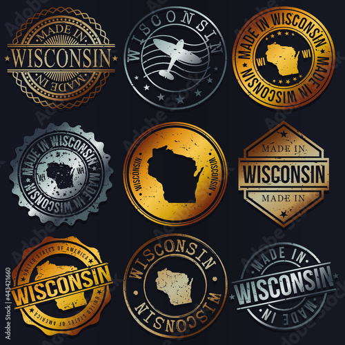 Wisconsin, USA Business Metal Stamps. Gold Made In Product Seal. National Logo Icon. Symbol Design Insignia Country.