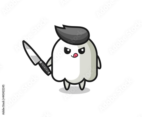 cute ghost mascot as a psychopath holding a knife