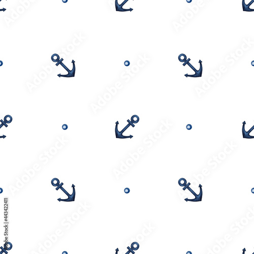 Watercolor navy blue Anchor seamless pattern. Nautical ship part. Sea life, cruise, traveling theme. Hand drawn Marine background, texture for print, fabric, textile, wrapping paper, scrapbooking