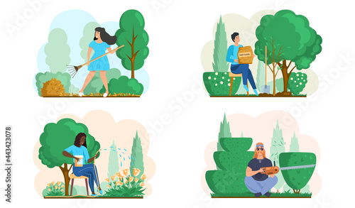 Seasonal gardening with gardeners working in outdoor garden scenes set with people growing plants collecting leaves, watering, cutting bushes Agriculture organic garden tillage and farming plant care
