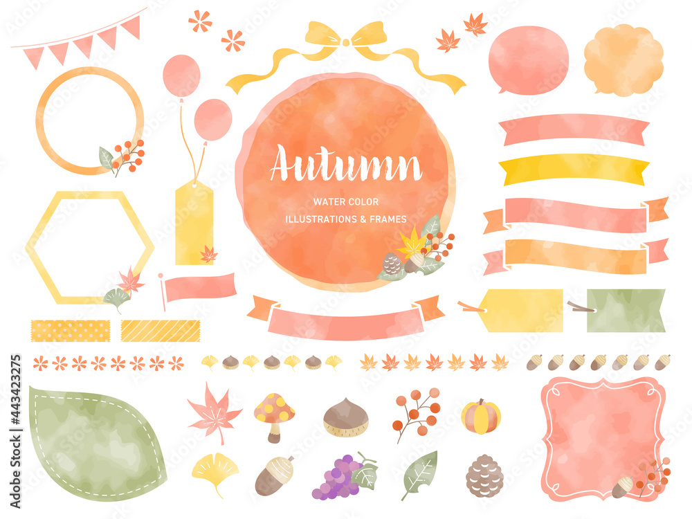 秋色の水彩風イラストとフレームのセット 秋 水彩 紅葉 植物 自然 フレーム イラスト Stock Vector Adobe Stock
