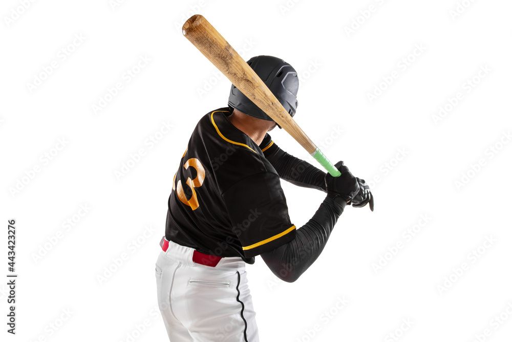 Baseball player, pitcher in a black white sports uniform practicing  isolated on a white studio background. Back view Stock Photo | Adobe Stock