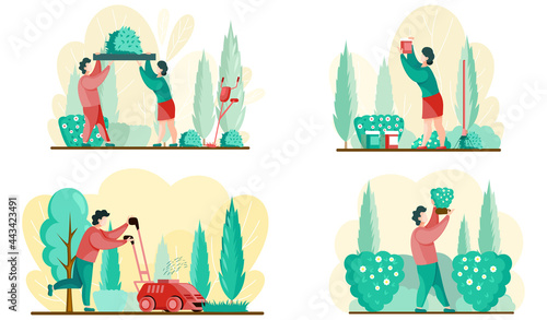 Person mows lawn in green garden. Woman and man hold and transplant bush. Young people work against background of trees, bushes and flowers. Gardener holds jar in his hands and fertilizes soil