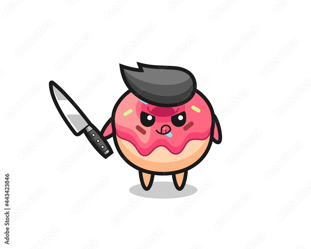 cute doughnut mascot as a psychopath holding a knife