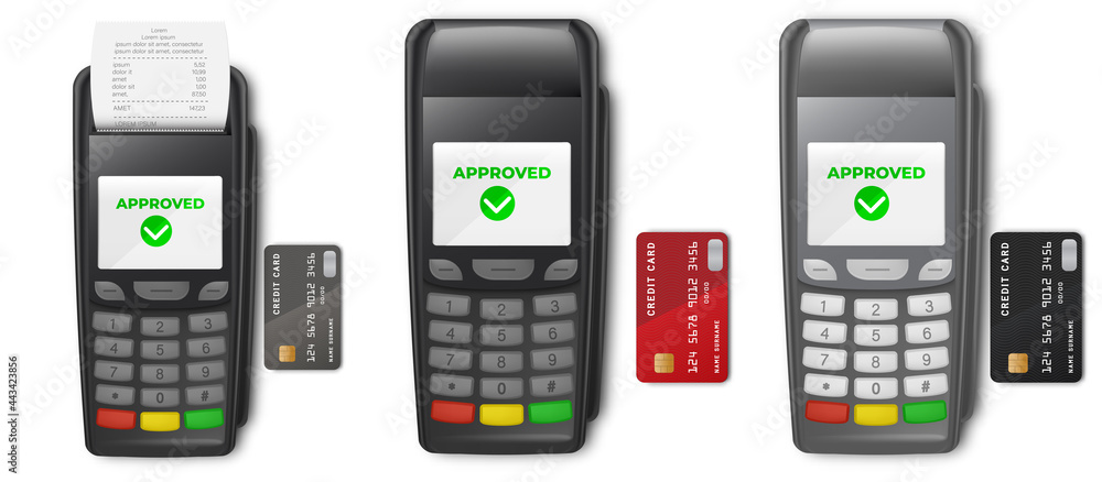 Payment terminal Silver 3d Payment Machine. Payment by card. Payment terminals with tick marks on screens, credit cards, smartphone and transaction receipt. Payment terminal Silver 3d Payment Machine. Payment by card. Payment terminals with tick marks on screens, credit cards, smartphone and transaction receipt.