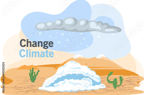 Snow in desert. Illustration of unusual and rare whether climate change event, natural phenomenon. Lifeless cracked land instead of arctic glaciers, global warming, environmental problems on planet
