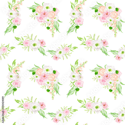 Watercolor floral seamless pattern. Hand drawn elegant bouquets isolated on white. Blush flowers and greenery repeated background. Botanical print for wallpaper, wrapping, scrapbook.