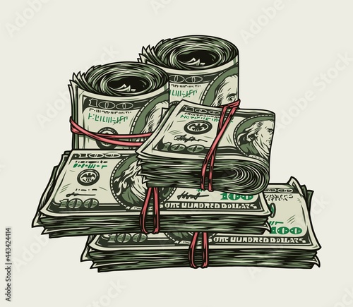 Stacks and rolls of dollar bills