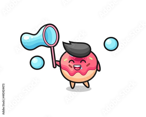 happy doughnut cartoon playing soap bubble