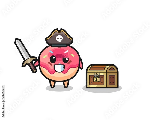 the doughnut pirate character holding sword beside a treasure box