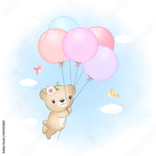 Cute Little Bear with balloons and birds, cartoon animal watercolor illustration