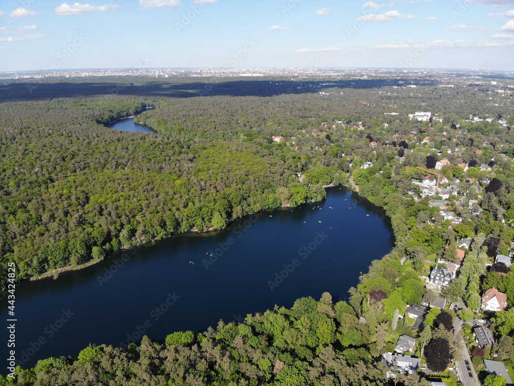 Aerial view of Schlachtensee, the most southerly in the Grunewald chain of lakes, which belongs geologically to the Teltow plateau