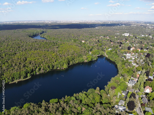 Aerial view of Schlachtensee, the most southerly in the Grunewald chain of lakes, which belongs geologically to the Teltow plateau