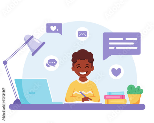 Black boy studying with computer. Online studying, back to school concept. Vector illustration