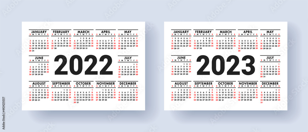 Calendar 2022 and 2023 year set. Vector template collection. Week starts on Sunday. January, February, March, April, May, June, July, August, September, October, November, December