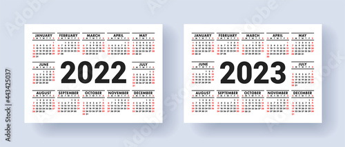 Calendar 2022 and 2023 year set. Vector template collection. Week starts on Sunday. January  February  March  April  May  June  July  August  September  October  November  December