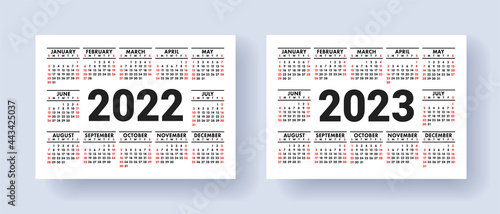 Calendar 2022 and 2023 year set. Vector template collection. Week starts on Sunday. January, February, March, April, May, June, July, August, September, October, November, December