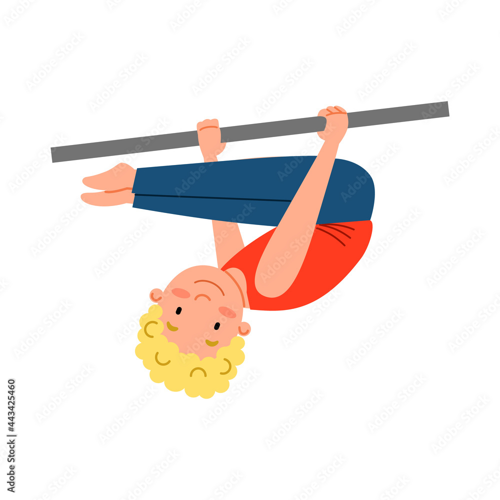 Childrenes sports gymnastics. The boy is hanging on the crossbar in the bend position. Acrobatics on a sports equipment. Vector illustration in a flat style on a white isolated background.