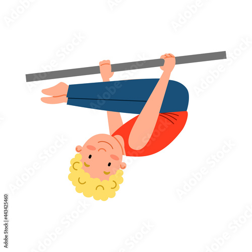 Childrenes sports gymnastics. The boy is hanging on the crossbar in the bend position. Acrobatics on a sports equipment. Vector illustration in a flat style on a white isolated background.