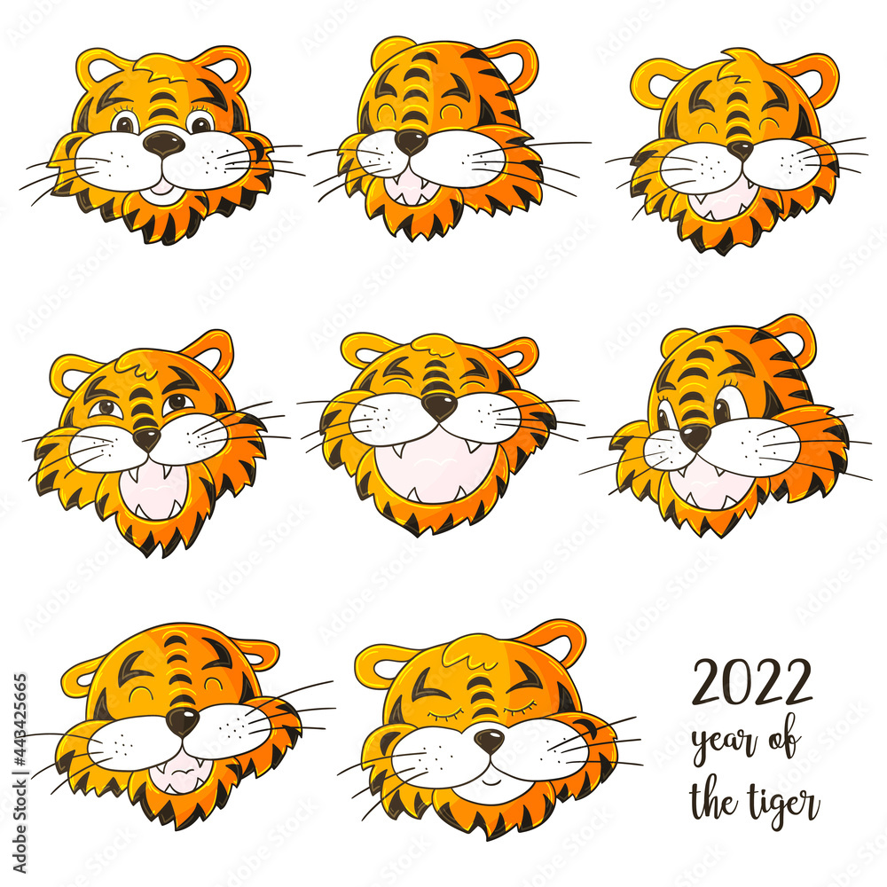 Faces of tigers. Symbol of 2022. Set of tigers in hand draw style. New Year 2022 Faces of tigers. Symbol of 2022. Set of tigers in hand draw style. New Year 2022