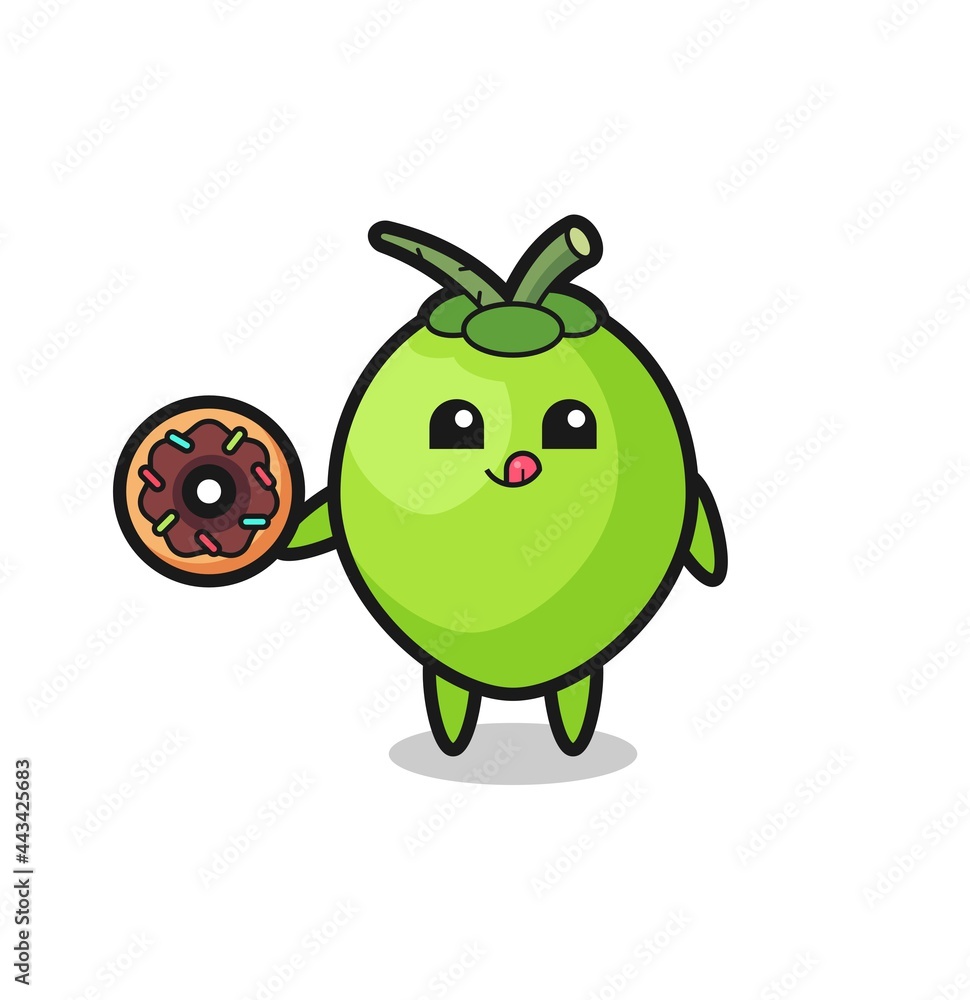 illustration of an coconut character eating a doughnut illustration of an coconut character eating a doughnut