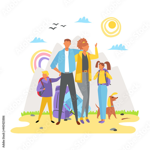 The family is resting in the mountains. Dad, mom, children, dog, hiking, nature. Vector flat illustration isolated on white background.