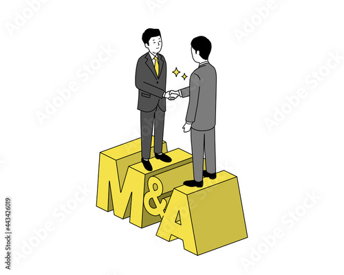 握手するビジネスパーソンとM&Aの文字、黄色とグレーのシンプルイラスト、ベクター