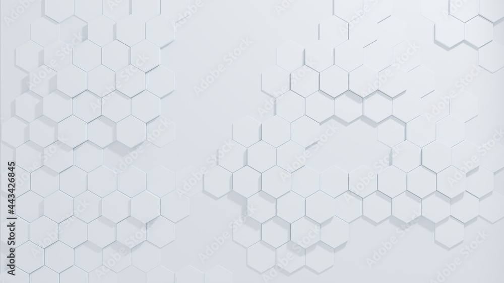 Fototapeta Random white hexagons geometric, honeycomb, on white background. Abstract background 3d render.