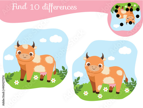 Find the differences educational children game. Kids activity with cartoon cow