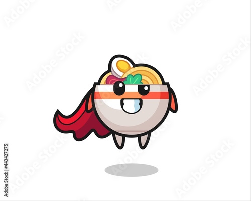 the cute noodle bowl character as a flying superhero