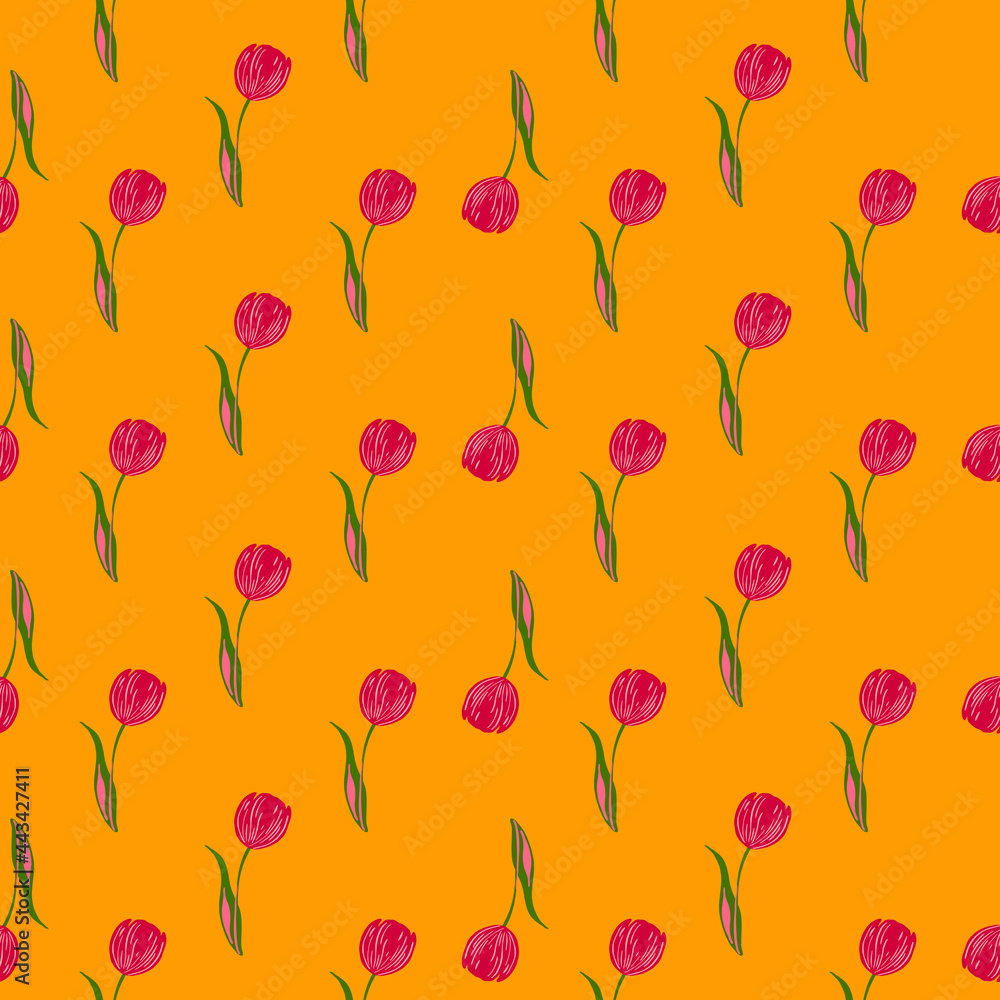 Abstract seamless pattern with little pink random tulip flowers silhouettes. Orange background. Doodle print. Abstract seamless pattern with little pink random tulip flowers silhouettes. Orange background. Doodle print.