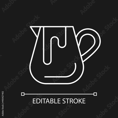 Milk jug white linear icon for dark theme. Pitcher for professional latte art. Barista accessories. Thin line customizable illustration. Isolated vector contour symbol for night mode. Editable stroke