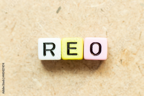 Color alphabet letter block in word REO (Abbreviation of Real estate owned) on wood background photo