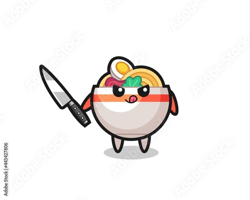 cute noodle bowl mascot as a psychopath holding a knife
