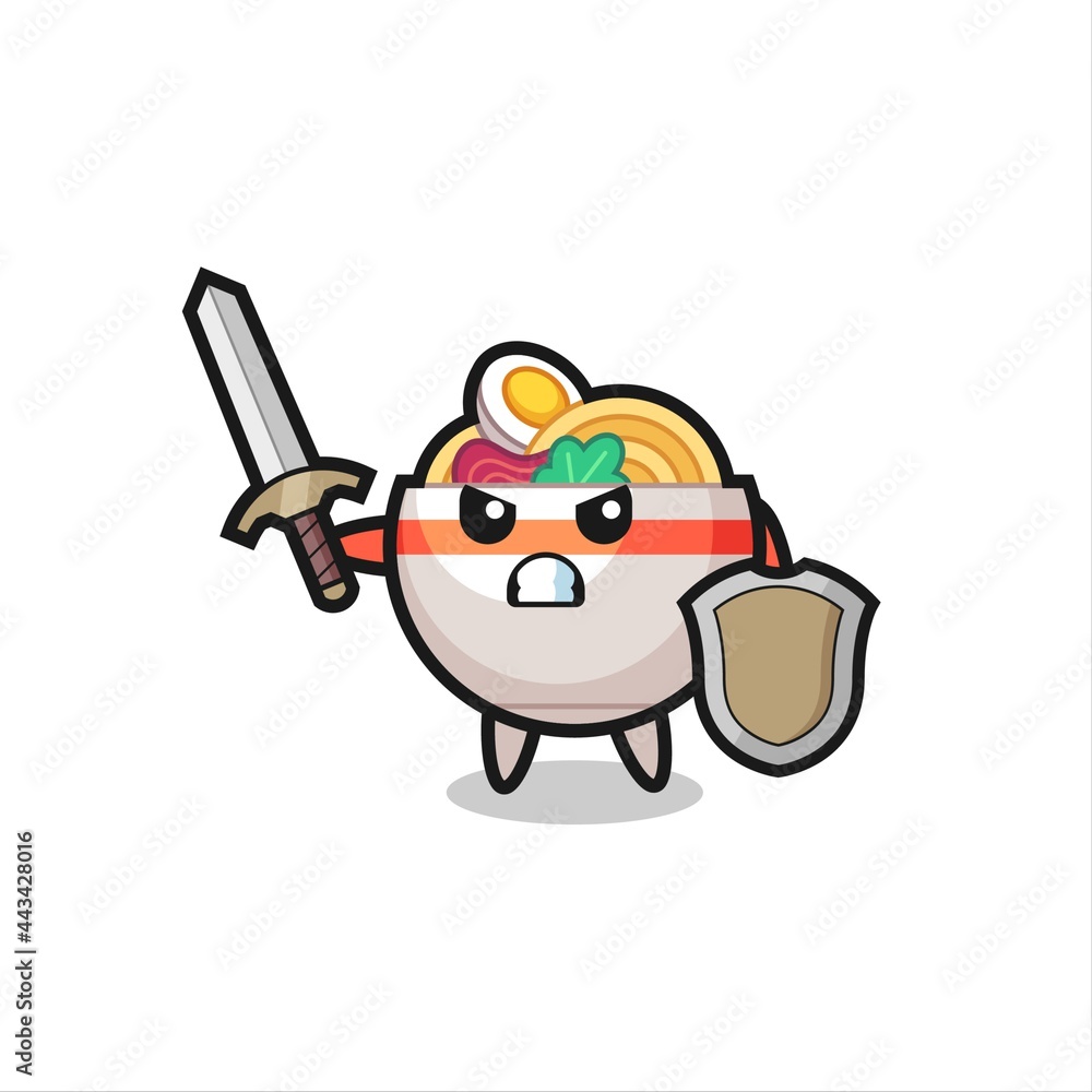 cute noodle bowl soldier fighting with sword and shield