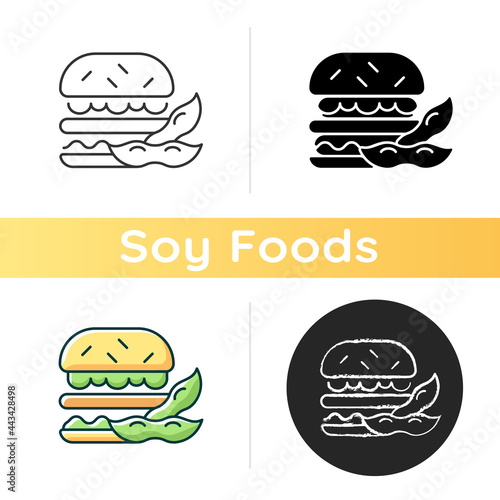 Soy burger icon. Patty made from organic vegetables. Vegeterian type of popular foods. Healthy sybeans based meals cooking. Linear black and RGB color styles. Isolated vector illustrations