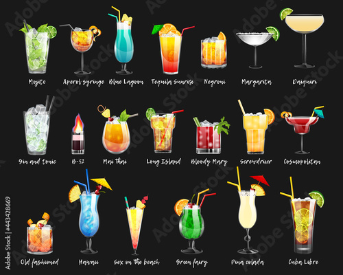 Set of alcoholic cocktails and non-alcoholic cocktails on a black background. Vector illustration