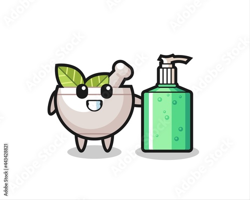 cute herbal bowl cartoon with hand sanitizer