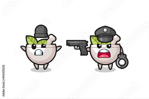illustration of herbal bowl robber with hands up pose caught by police
